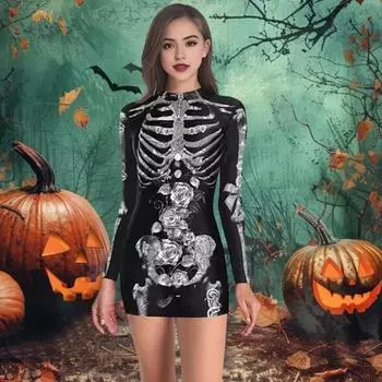 Хэллоуин Женское платье Кровавое пятно Скелет Паук Принт V-образный вырез Медсестра Косплей Длинные рукава Дом с привидениями NPC Костюм для выступлений L 1