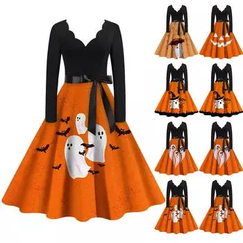 Хэллоуин Женское Повседневное Модное Платье с V-образным Вырезом и Принтом В Винтажном Стиле XXL шафрановый