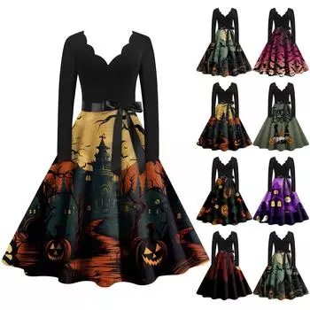 Хэллоуин Женское Повседневное Модное Платье с V-образным Вырезом и Принтом В Винтажном Стиле L армия зеленый