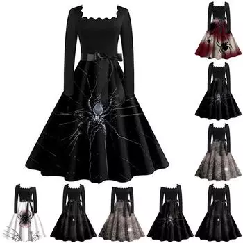 Хэллоуин женское повседневное модное винтажное платье с квадратным вырезом и принтом L чёрный