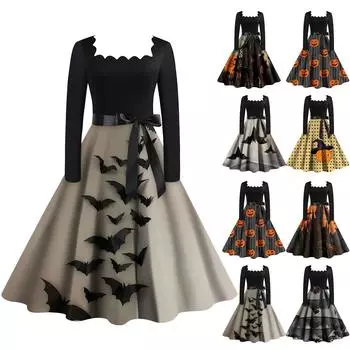Хэллоуин женское повседневное модное винтажное платье с квадратным вырезом и принтом XL серый