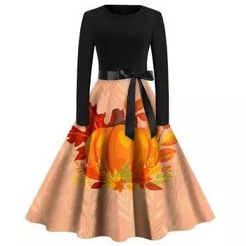 Хэллоуин женское повседневное модное винтажное платье с круглым вырезом и принтом L оранжевый