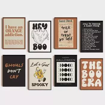 Хэллоуин Жуткий Ведьминский Скелет Призрак Печать на Плакатах Холст Картина Мультфильм Цитата Настенная Картина для Детской Комнаты Домашний Декор 21x30cm No Framed