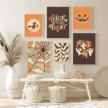 Хэллоуин Знаки Печать на холсте Кошелек или жизнь Жуткий тыквенный постер Осеннее настенное искусство Картина Украшение Живопись Подарки на Хэллоуин 21x30cm No Framed