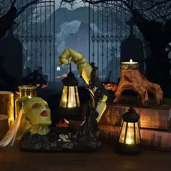 Хэллоуинская фигурка зомби с солнечным фонарем, жуткая рука скелета, череп, рука призрака, скульптура из смолы C