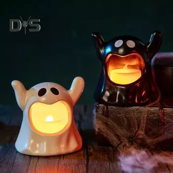 Хэллоуинская лампа-призрак, симпатичная светодиодная свеча, жуткая статуэтка для создания атмосферы Хэллоуина, реалистичная, не поддерживающая пламя, светящаяся в центре стола белый