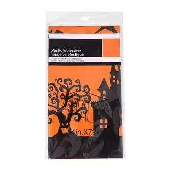 Хэллоуинская пластиковая скатерть – Дизайн «Паук и дом с привидениями» для праздничного украшения One Size оранжевый
