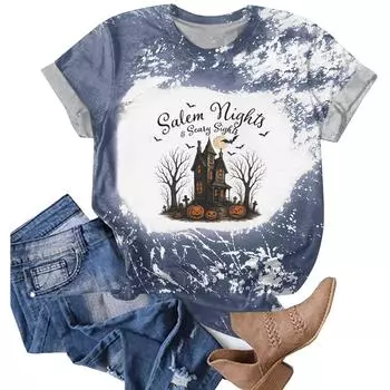 Хэллоуинские футболки для женщин Милая футболка Осенняя футболка Градиентные графические футболки Повседневные топы с коротким рукавом S синий