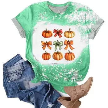 Хэллоуинские футболки для женщин Милая футболка Осенняя футболка Градиентные графические футболки Повседневные топы с коротким рукавом XL зелёный