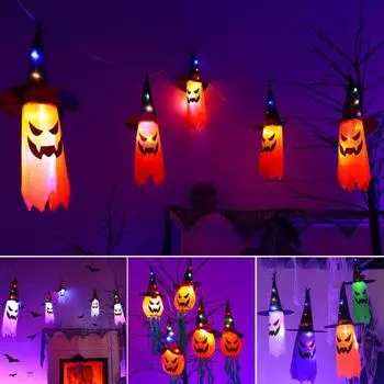 Хэллоуинские огни, гирлянды на батарейках с 5 подсвеченными подвесными привидениями, страшные украшения на Хэллоуин A
