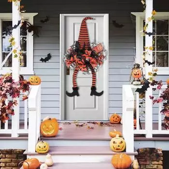 Хэллоуинские венки ведьмы для входной двери, фиолетовый хэллоуинский венок с декором из сетки и шляпой ведьмы, хэллоуинские украшения для дома, для вечеринки в помещении и на улице One Size оранжевый