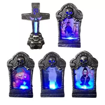 Хэллоуинский надгробный светильник Хэллоуинское украшение Светодиодная вечеринка на кладбище Надгробный камень Счастливой вечеринки на Хэллоуин Украшения для дома 22x17x13CM