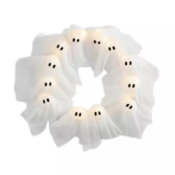 Хэллоуинский венок с привидениями 12 маленьких светящихся белых привидений Венок Подвесное украшение на входную дверь для праздника Внутренний Наружный Настенный декор A