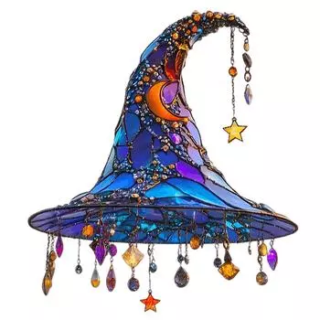 Halloween 2D Acrylic Witch Hat Hanging Decoration With Moon And Star Dangles, Window Ornament One Size