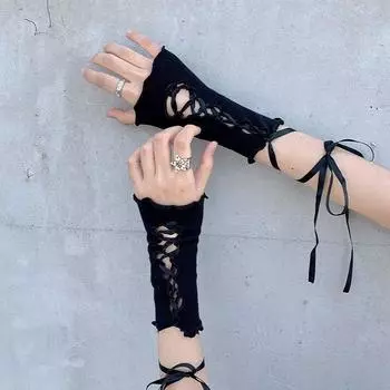 Halloween Accessories Gloves Lolita Lace Long Hand Sleeves Women Subculture Half Palm Ballet Style Strap Oversleeve Y2g Short Black All yards