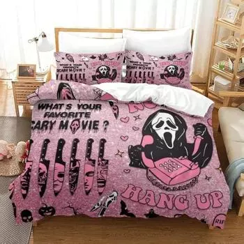Halloween Bedding Set 3PCS Pink Cartoon Skeleton Comfortable Cover No You Hang Up Funny Horror Ghost Design EU single(135x200cm)