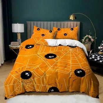 Halloween Bedding Set Gothic Spooky Duvet Cover Pumpkin Lantern Comforter Cover for Kids Boys Bat Spider Web Comforter Cover 135x200cm 2pcs