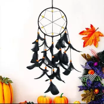 Ловец снов из черного пера на Хэллоуин для домашнего офиса, гостиной, спальни, настенное искусство, подвесное украшение ручной работы из перьев, украшение, подвеска чёрный