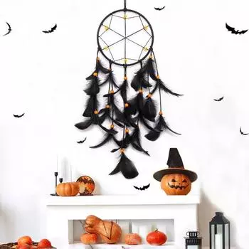 Ловец снов из черного пера на Хэллоуин для домашнего офиса, гостиной, спальни, настенное искусство, подвесное перо ручной работы