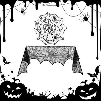 Halloween Black Spider Tablecloth with Fireplace Spider Cover Spider Web Lace Round Tablecloth for Window Dinner Party Decor