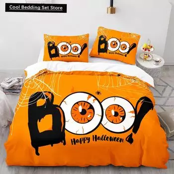Halloween Boo King Queen Duvet Cover Cartoon Eyes Bedding Set for Kids Teens Adults Little Monster Ghost Polyester Quilt Cover EU single(135x200cm)