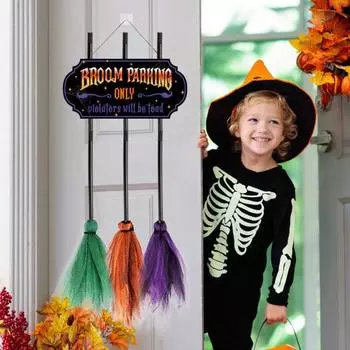 Halloween Broom Parking Sign with 3 Wooden Witch Brooms Solid Wood Hanging Decoration A