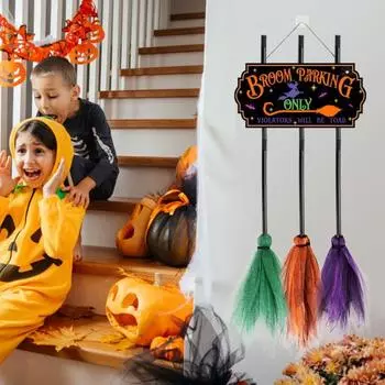 Halloween Broom Parking Sign with 3 Wooden Witch Brooms Solid Wood Hanging A