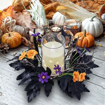 Halloween Candle Ring Artificial Leaves Flowers Wreath Table Centerpiece Cafe Holiday Bar
