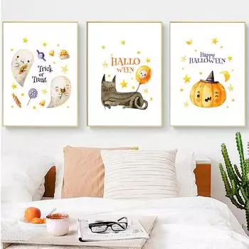 Halloween Cartoon Ghost Canvas Painting Bat Kitten Fun Poster Pumpkin Alphabet Wall Art Living Room Adult Kids Home Decor 21x30cm No Framed