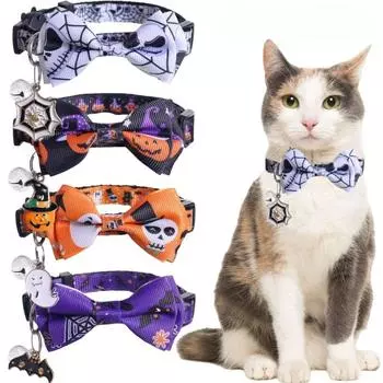 Кошачий ошейник на Хэллоуин с бабочкой и колокольчиком, тыквой, привидением, летучей мышью, регулируемый ошейник для котят, кошек и собак, товары для животных L