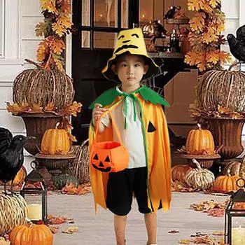 Halloween Child Pumpkin Cloak, Hat and Bag Set Soft Cape for Club Party Supplies