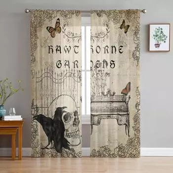 Halloween Crow Skeleton Sheer Curtains Home Window Decorations Voile Tulle Curtains For Living Room Bedroom Kitchen W135 x H115cm x1&Rod Pocket