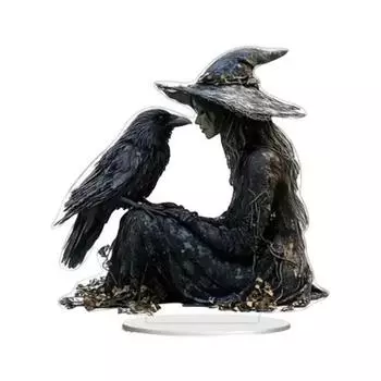 Halloween Crow Witch Acrylic Ornament 2D Spooky Raven Witch Table Sign with Base Home Office Bookshelf Desktop Decoration