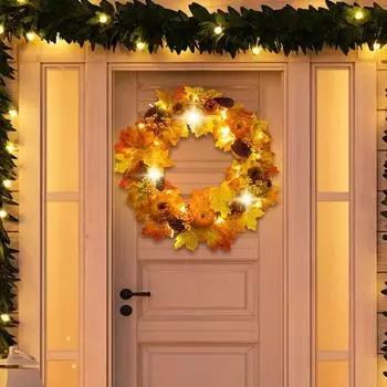 Halloween Decor Fall Door Rattan Pumpkin Wreath light Autumn Maple Leaf lamp Garland Home Hanging Ornament Garden Pendant