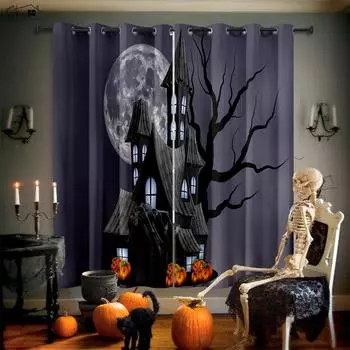 Halloween Decoration Curtains Horror Castle Creative Cartoon Print Curtains Children s Room Restaurant Party Decoration Curtains W50xH130(CM)x2PCS&Grommet Top