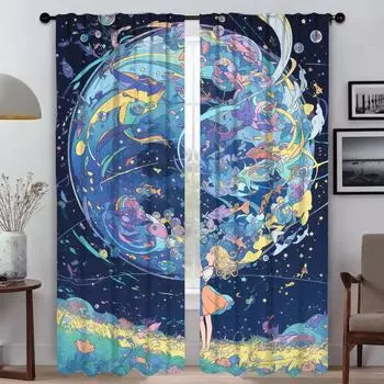 Halloween Decoration Whisper of the Stars Kitchen Curtains for Living Room Curtain Home Interior Curtains 2 Pieces Partition W50xH70cmx2pcs-CL