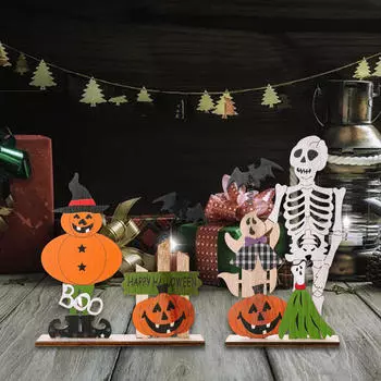 Halloween Desktop Decoration Wood Table Sign Versatile Sturdy with Bat Pumpkins Ghost Skull for