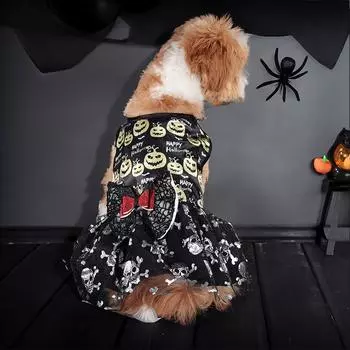 Halloween Dog Dress Pumpkin Pattern Bowknot Funny Skirt Chihuahua Bichon Dog Dresses Festival Puppy Costume Pet Cat Dog Clothes S