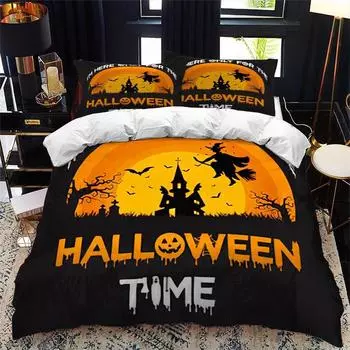 Halloween Duvet Cover King Microfiber Medieval Haunted Castle With Garden Pumpkins Dark Clouds Scary Nights Print Bedding Set 135x200cm 2pcs