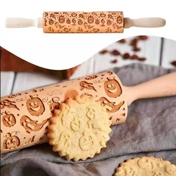 Halloween Embossed Rolling Pin Roller with Themed Symbols Wood Engraved for Baking S