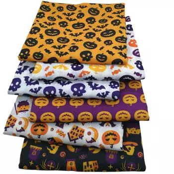 Halloween Fabric Polycotton Skull Pumpkin Witch Spider Bat Black Scary White 6Pcs A,25*25cm/9.84*9.84in