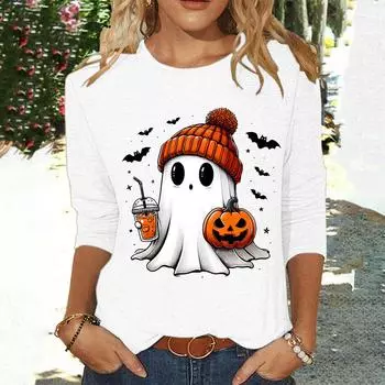 Halloween Ghost And Pumpkins Print Women s T-shirts Funny O-neck Long Sleeves T shirt Fall Casual Loose Women Clothing Pullover S