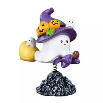 Halloween Ghost Figurine Cute Flying Ghost on Broom with Spring Resin Small Ghost Sculpture Tabletop Decoration for Living Room Entryway Bookshelf