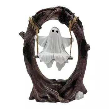 Halloween Ghost on Tree Swing Figurine Swinging Cartoon Ghost Statue Ornament Home Office Garden Patio Lawn Bookshelf Desktop Decoration A