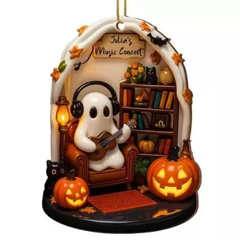 Halloween Ghost Ornament Acrylic Ghost-Themed Reading Cooking Painting Ornament Tree Hanging Decoration for Indoor Home Decor E