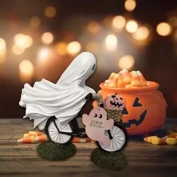 Halloween Ghost Pink Pumpkin Figurine Spooky Cycling Bike White Ghost Resin Statue