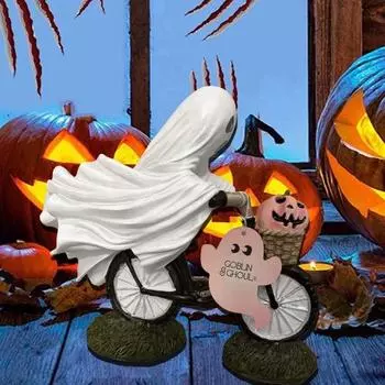 Halloween Ghost Pink Pumpkin Figurine Spooky Cycling Bike White Ghost Resin Statue Sculpture Indoor Outdoor