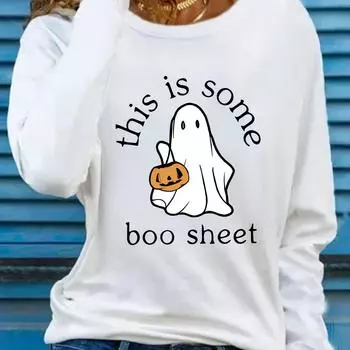 Halloween ghost print T-shirt, long-sleeved round neck casual top spring and autumn, women s clothing S