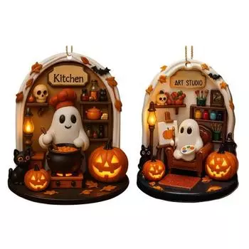 Halloween Ghost Pumpkin Hanging Decoration Acrylic Ghost Reading Cooking Painting Ornament for Tree Room Decor C