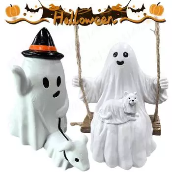 Halloween Ghost Walking Dog Statue Cute Ghost Dog Ornament Resin Hanging Swinging Ghost Dog Decor Ghost Walking Dog Sculpture